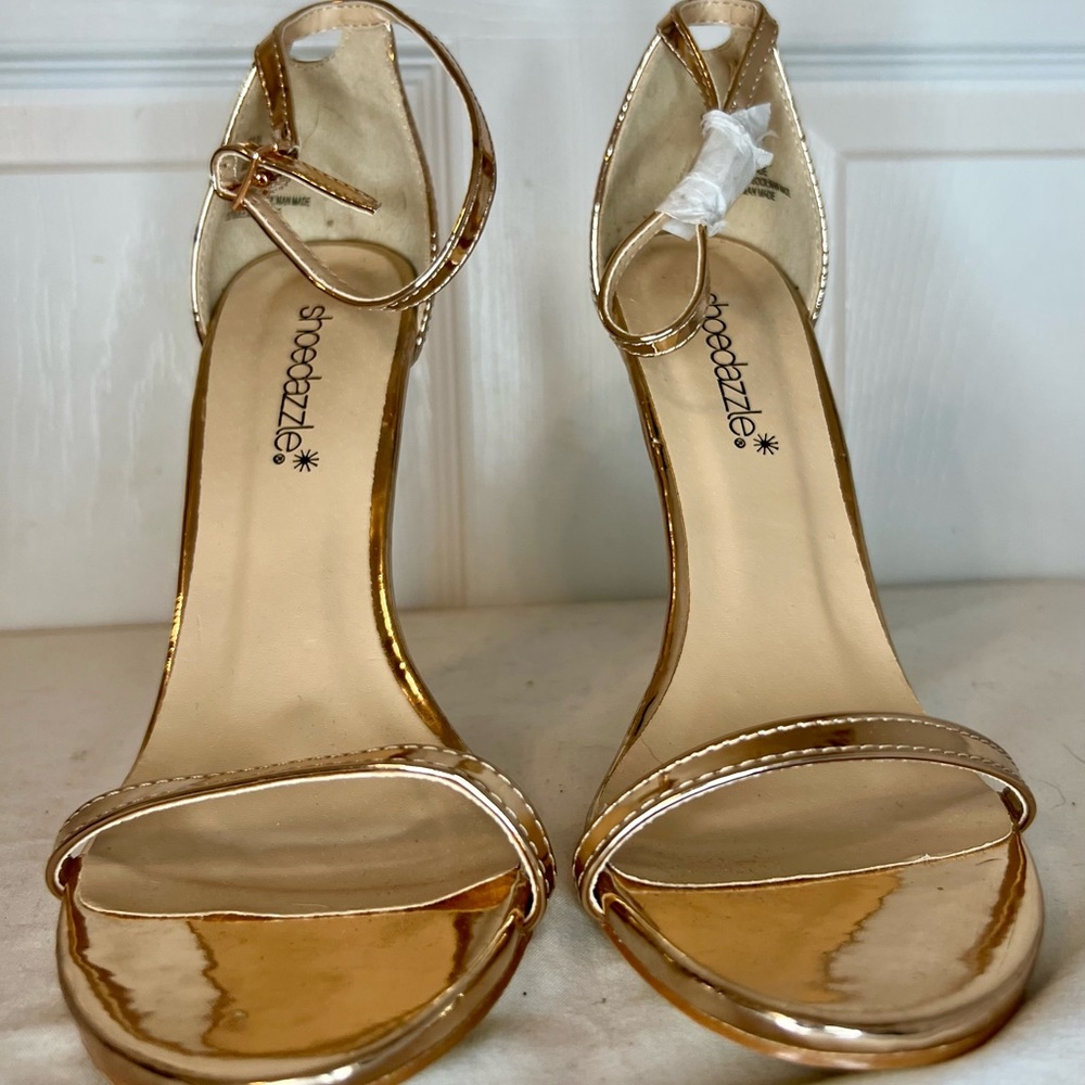 Shoe Dazzle  Mirrored Copper color Ankle Strap Stiletto Sandals Size 7 👡